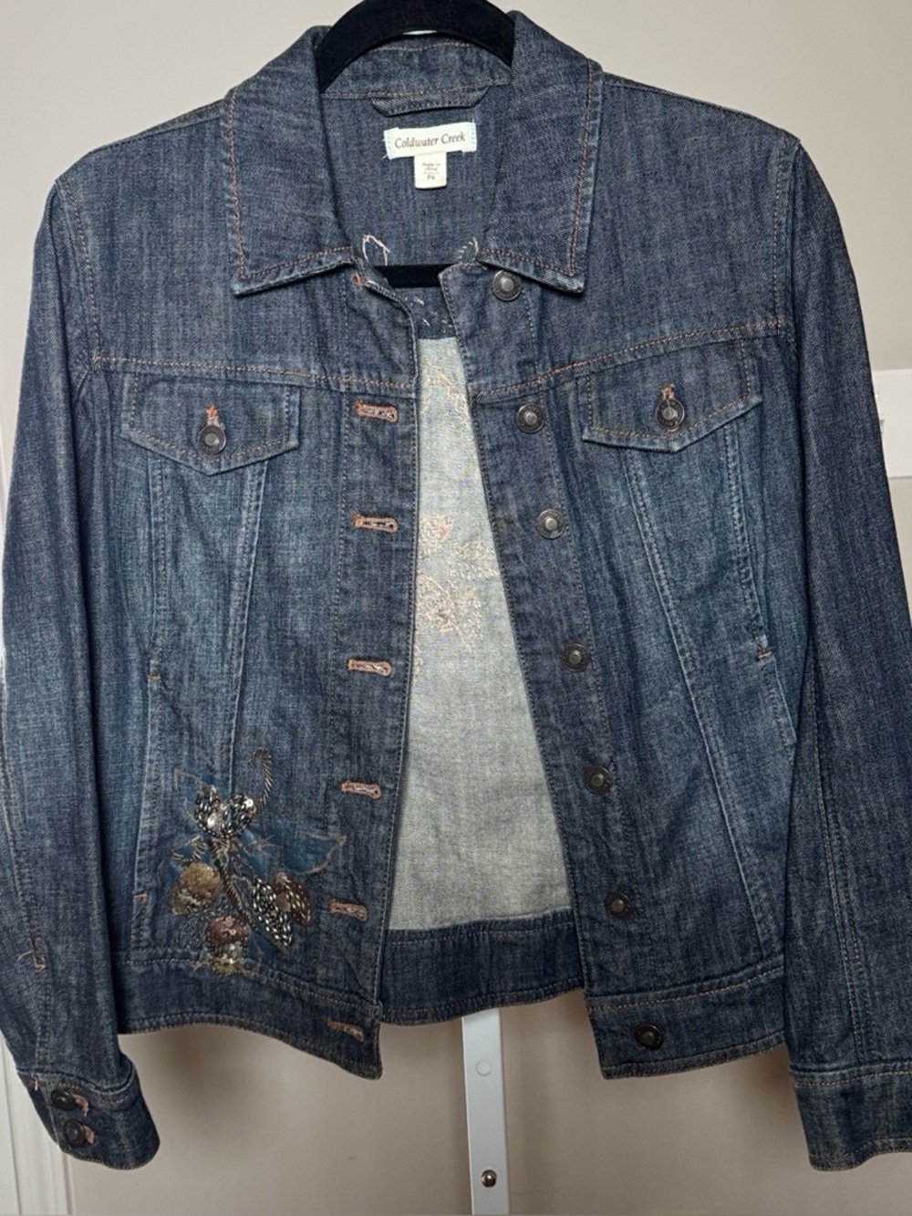 Coldwater Creek Indigo Denim Jacket with Embroidered Accent, Size P6
